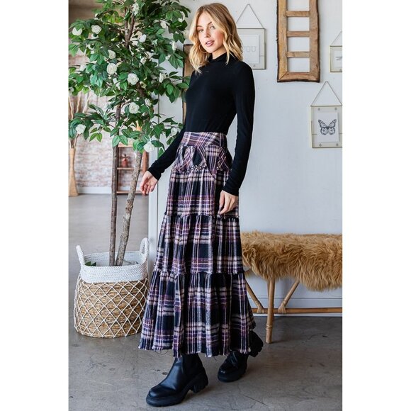 Oli & Hali Purple Mineral Washed Check Plaid Tiered Skirt - Picture 2 of 5